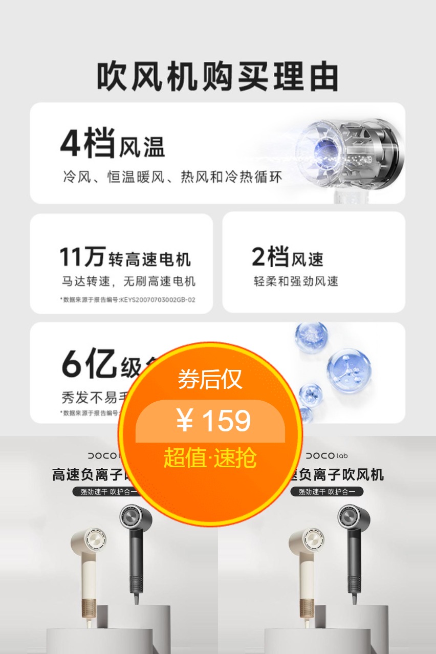 双11现货：DOCO电吹风家用高速吹风机筒负离子 福利价仅159元秒杀！