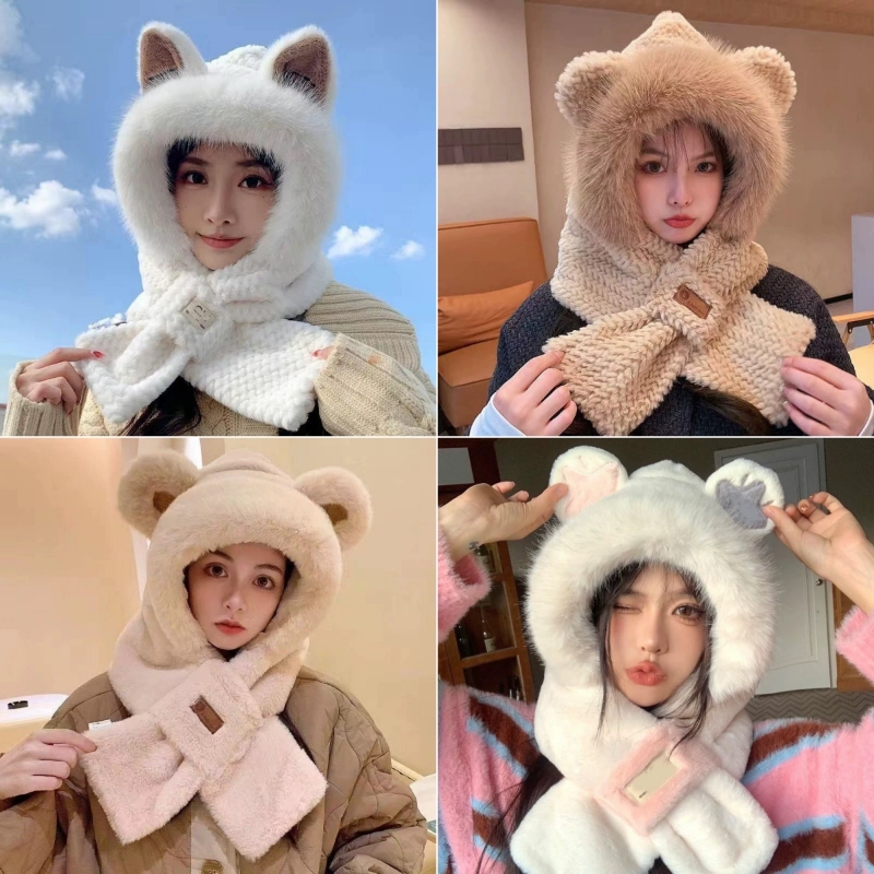 卡通可爱毛绒帽子围巾一体式 券后【9.9元】包邮秒杀